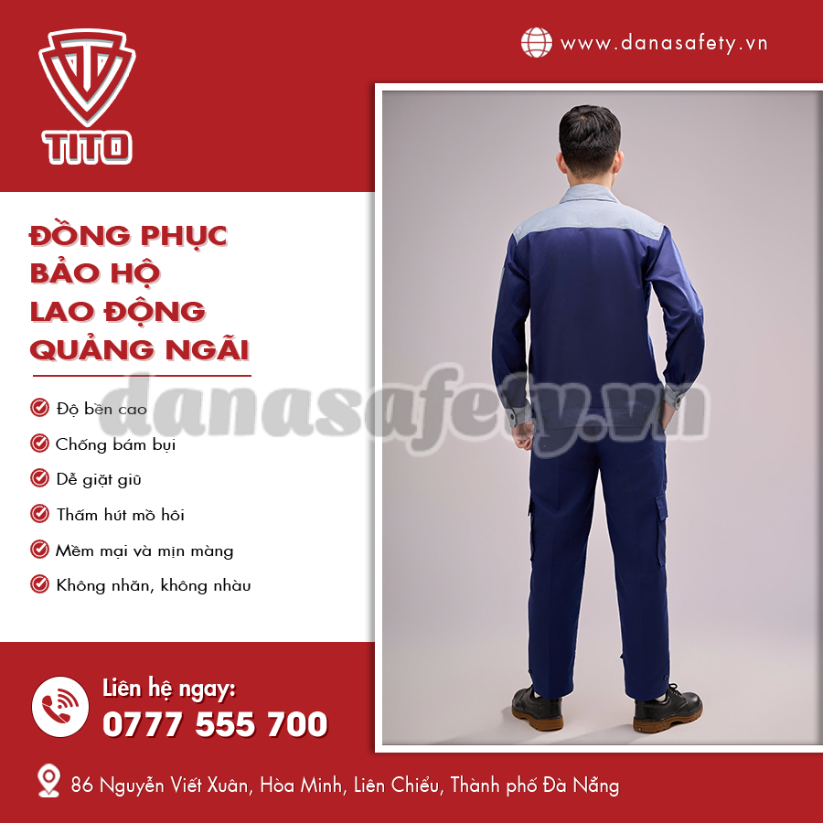 Đồng phục bảo hộ lao động gồm áo tay dài và quần túi hộp.