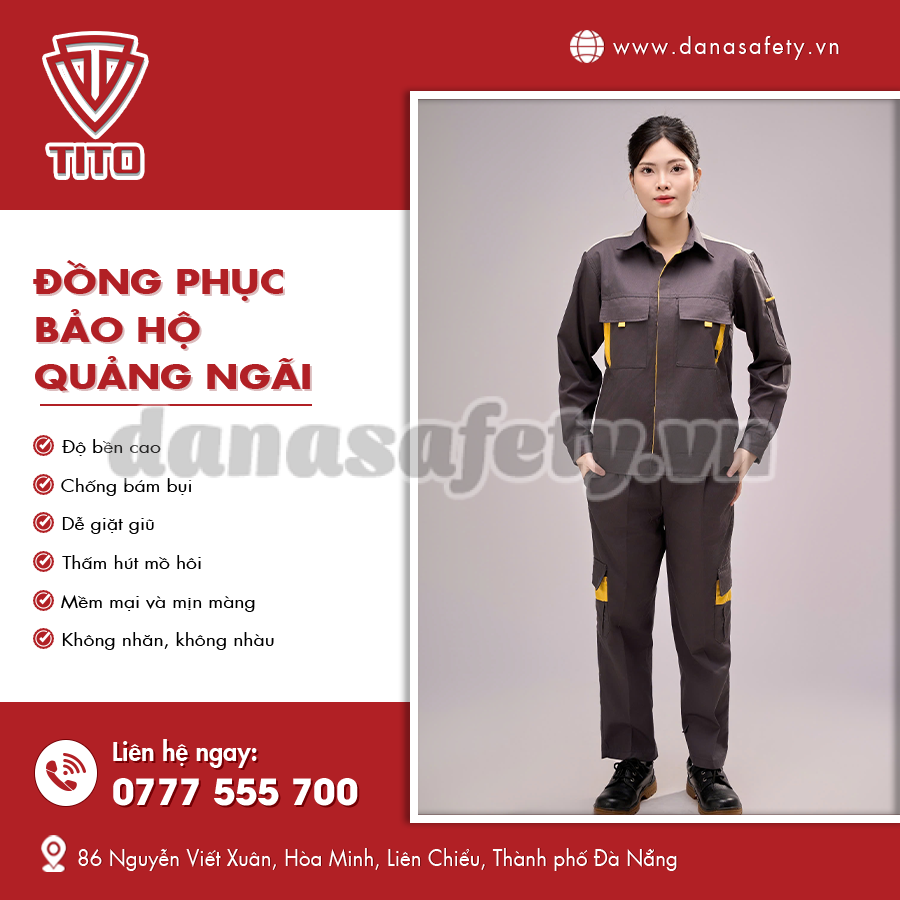 Đồng phục bảo hộ gồm áo tay dài và quần túi hộp.