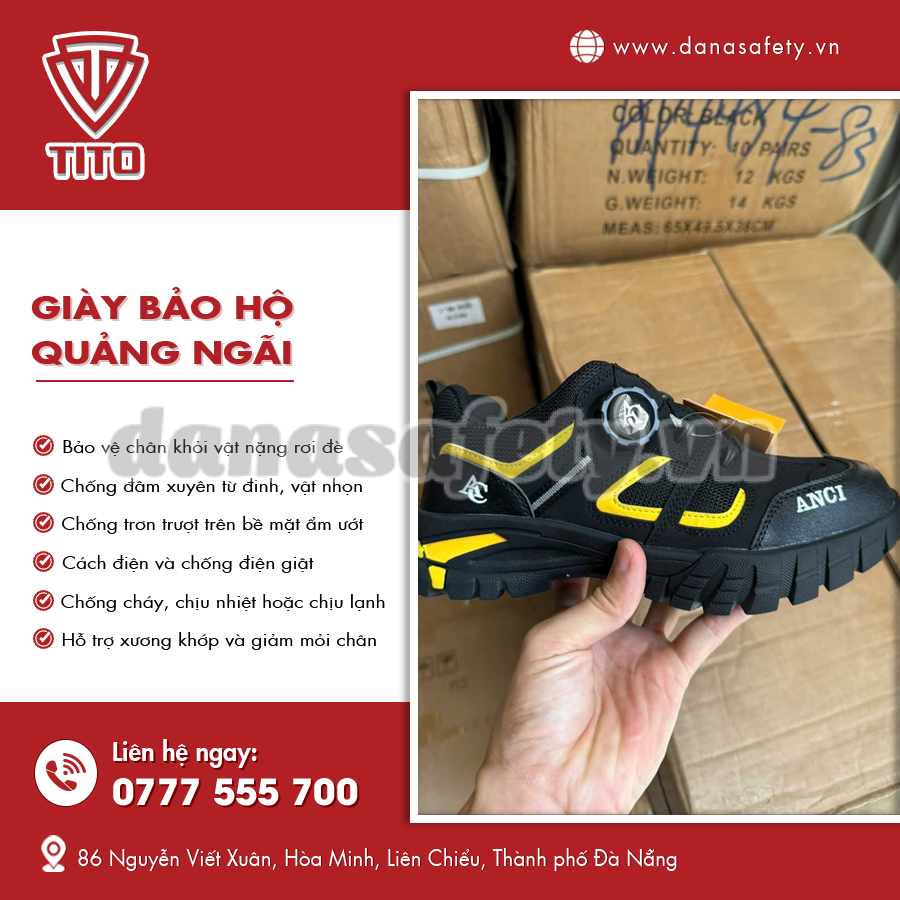 Giày bảo hộ mũi thép màu đen, đế răng cưa chống trơn trượt