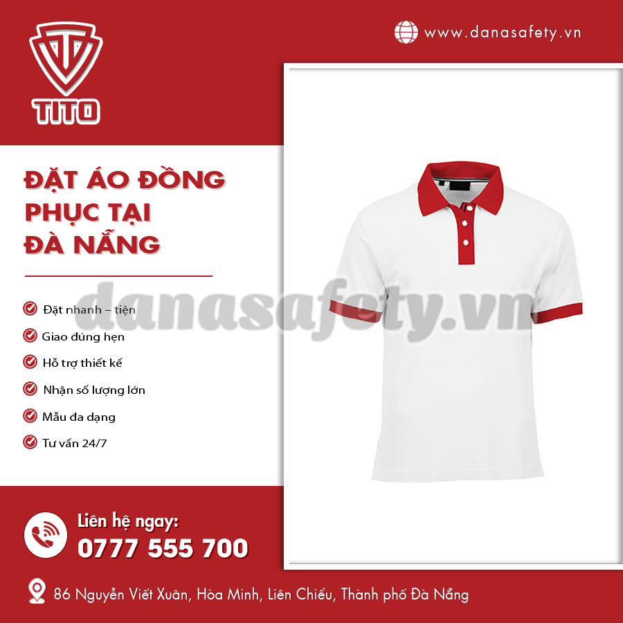 Đặt áo đồng phục tại Đà Nẵng với mẫu áo màu trắng, cổ áo và tay áo màu đỏ Đặt áo đồng phục tại Đà Nẵng với mẫu áo màu trắng, cổ áo và tay áo màu đỏ