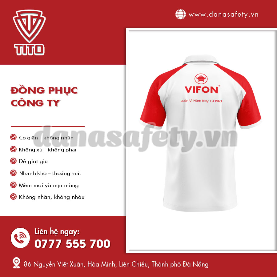 Áo đồng phục công ty phom suông được chụp từ phía sau, bề mặt vải mịn, tay áo bo đều và các đường chỉ may thẳng tắp.