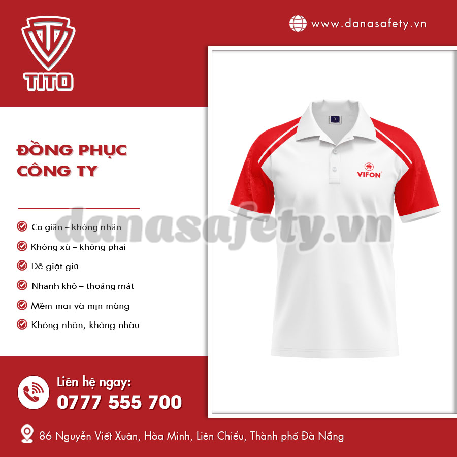 Áo đồng phục công ty màu trắng đỏ, chất vải mịn, đường may sắc sảo
